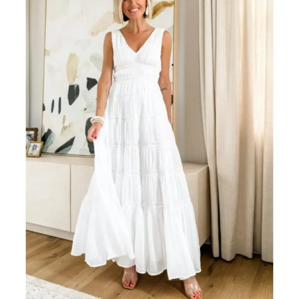 Abercrombie & Fitch White Plunge Lace Tiered Boho Maxi Dress Medium Tall MT